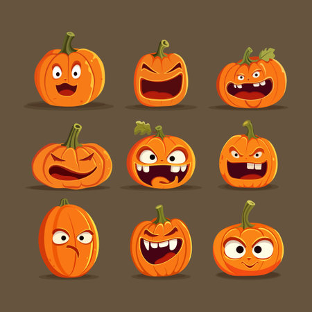 Set of Halloween pumpkins with smiling faces. Vector flat style illustration for design poster, banner, print.のイラスト素材