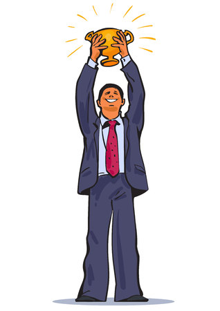 The winner. Businessman holding up winning trophy.のイラスト素材