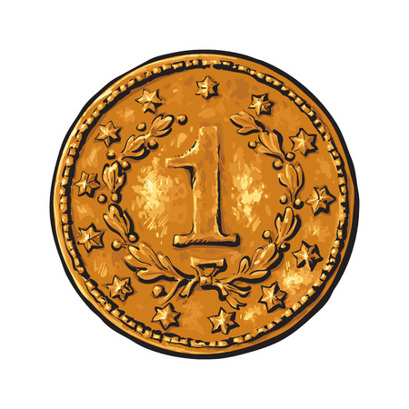 Old gold coin with number one. Hand drawn vector illustration isolated on white background.のイラスト素材