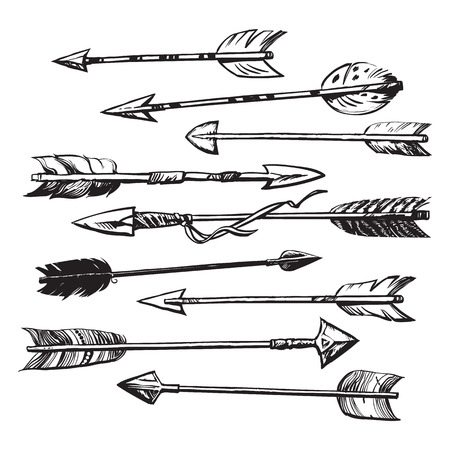 Set of 9 ethnic indian arrows isolated on white background.Hand drawn vector illustration in sketch style. Design elements for T-shirt or tattoo.のイラスト素材