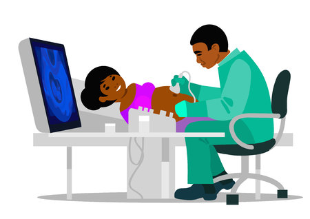 Pregnant asian woman has her ultra sound check up. Cartoon flat vector illustration isolated on whiteのイラスト素材