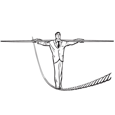 Businessman - rope walker. Stability and courage business concept. cartoon hand drawn vector illustration in sketch style. Isolated on white backgroundのイラスト素材
