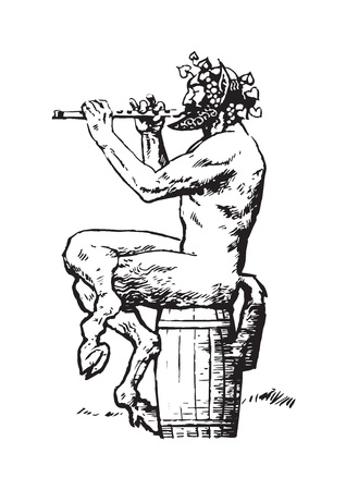 Satyr sitting on the barrel and playing the fluteのイラスト素材