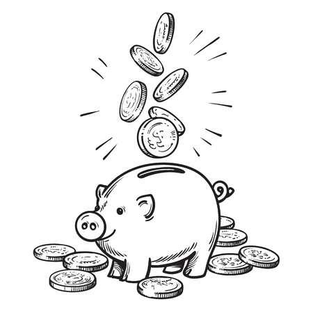 Cartoon piggy bank with falling coins. Black and white sketch.の写真素材