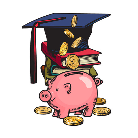 Cartoon piggy bank with graduation hat, money, stack of books.のイラスト素材