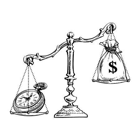 Money and pocket watch on the scale. Time is money conceptのイラスト素材
