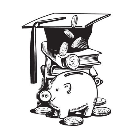Cartoon piggy bank with graduation hat, falling money, stack of books.のイラスト素材