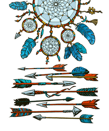 Native american indian dream catcher with arrows. Design for tattoo, T-shirt or coloring book for adults. Hand drawn sketch vector illustration in boho style isolated on white background.のイラスト素材