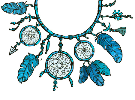 Boho style design for collar t-shirts, shirts, blouses. Native american indian dream catcher. Hand drawn vector illustration isolated on white background.のイラスト素材