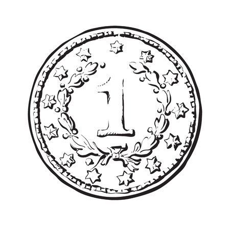 Black and white sketch of old coin with number one. Hand drawn vector illustration isolated on white background.のイラスト素材