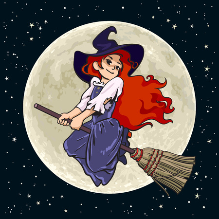 Pretty young witch flying on broom stick on full Moon background. Hand drawn vector.のイラスト素材