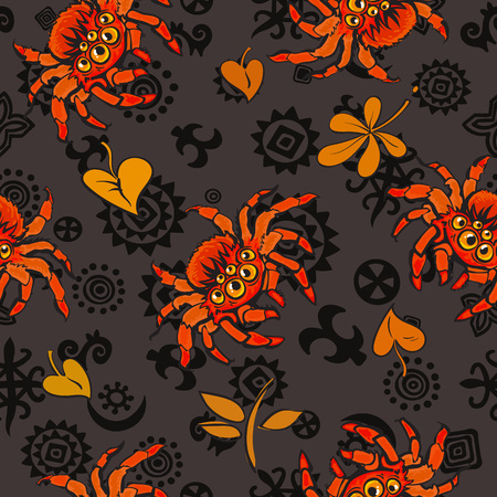 Halloween seamless pattern with red gigantic spiders and autumn leaves in cartoon style. Hand drown vector illustration isolated on dark background.のイラスト素材