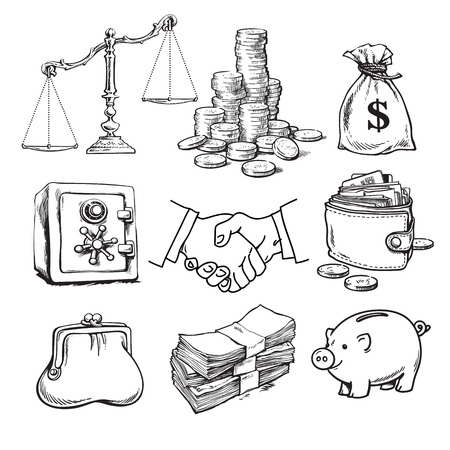 Business finance money set. Scales, stack of coins, sack of dollars, credit card, handshake, paper money, purse. wallet, piggy bank Sketch Hand drawn vector illustration isolated on white background.のイラスト素材