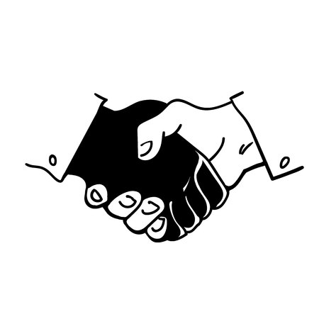 Black and white human hands in a handshake. Hand drawn vector sketch style illustration.の写真素材