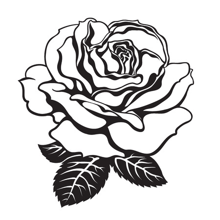 Black and white rose icon with leaves. Hand drawn vector illustration. Decorative element for tattoo.のイラスト素材