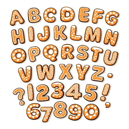 Christmas and New Year gingerbread cookies alphabet. Sugar coated isolated letters and numbers. Cartoon hand drawn vector illustration. Greeting card poster, invitation, banner, flyer template designのイラスト素材