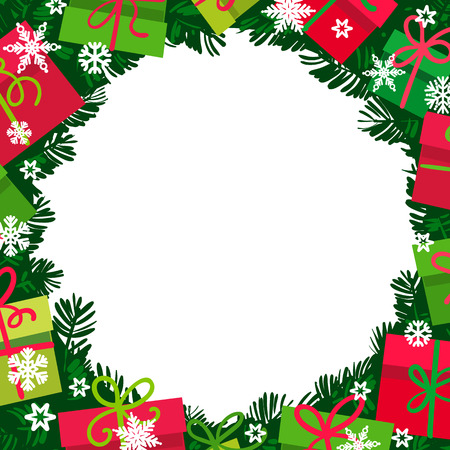 Christmas bacground with fir branches, gift boxes and snowflakes. Round frame from colorful presents with empty space for text. Vector illustration isolated on white.のイラスト素材
