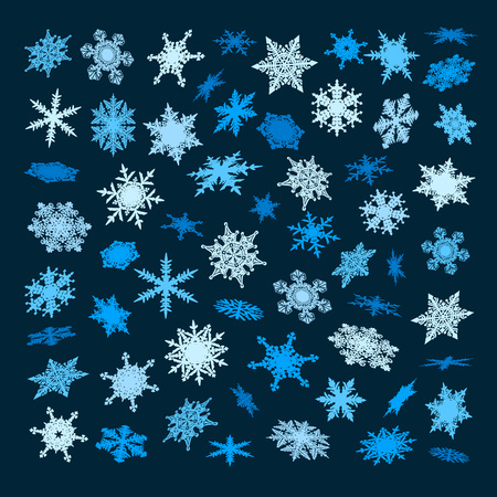 Set of blue snowflakes falling in different perspective, angles,directions isolated on dark background. Christmas, New Year, winter snow collection. Vector illustration.のイラスト素材