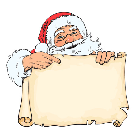 Cartoon Santa Claus pointing to blank, empty scroll with place for text. Vintage Santa peeping from behind old paper. Christmas ,new year design. Sketch style hand drawn vector illustration.のイラスト素材