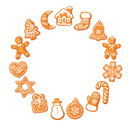 Christmas gingerbread cookies round frame. Hand drawn vector illustration isolated on white background. Hand drawn vector. Greeting card poster, invitation, banner, flyer template design.のイラスト素材