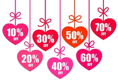 Set of Valentines day sale discount tags 10,20,30,40,50,60,70 percent off in the shape of hearts. Holiday offer. Vector illustration isolated on white background.のイラスト素材