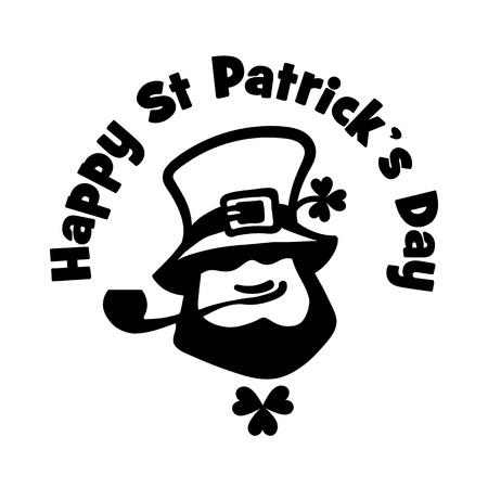 Leprechaun face icon with hat, pipe, and clover. Happy Saint Patricks Day text. . Hand drawn black vector icon isolated on white.のイラスト素材