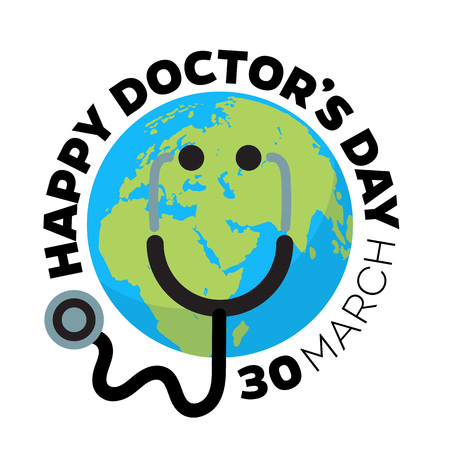 Doctors day greeting card design with stethoscope like smiling face on cartoon Earth background. Vector illustration.のイラスト素材