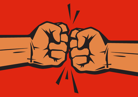 Two clenched fists bumping together. The concept of conflict, confrontation, resistance, competition, struggle. Hand drawn vector illustration isolated on red background.のイラスト素材