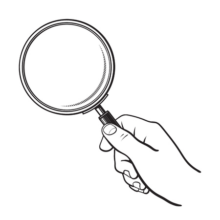 Hand holding magnifying glass. Search and analysis concept. Black and white sketch. Hand drawn vector illustration isolated on white background.のイラスト素材