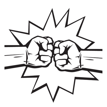 Two clenched fists bumping together on pop art comic burst background. The concept of conflict, confrontation, resistance, competition, struggle. Hand drawn vector illustration isolated on white.のイラスト素材