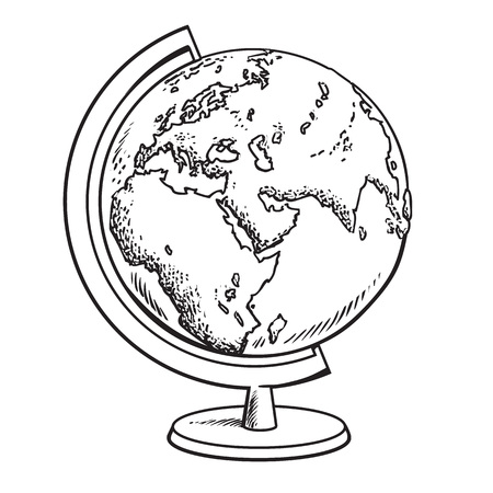 Hand drawn school globe. Model of Earth.Geography icon. Black and white vector illustration in sketch style isolated.のイラスト素材