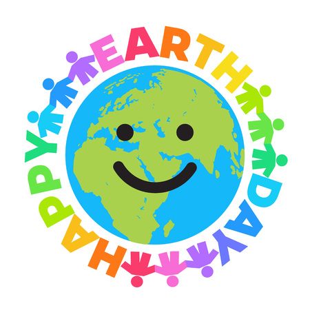 Happy Earth Day poster. Bright greeting text written around smiling cartoon globe. Happy cute funny Earth emoji. Vector illustration isolated on white background.のイラスト素材