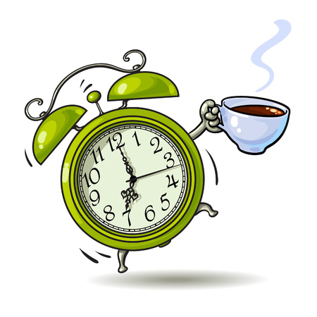Cartoon green alarm clock with cup of coffee ringing. Wake up time. Sketch style hand drawn vector illustration isolated on white background.のイラスト素材