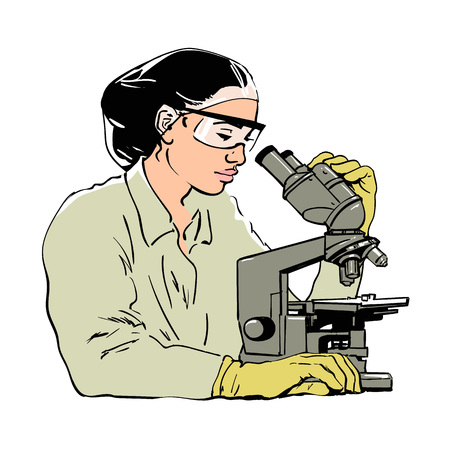 Sketch of woman scientist looking through microscope. Female laboratory assistant in protective glasses and rubber gloves. Retro style hand drawn vector illustration isolated.のイラスト素材