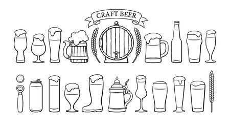 Beer objects set. Beer glasses of different shape, mugs, old wooden barrel, bottle, can, opener, cap, barley, wheat, ribbon banner with text Craft Beer. Black and white isolated vector illustration.のイラスト素材