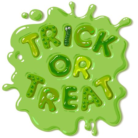 Green candy letters Trick or Treat in puddle of slime. Halloween funny sweets. Cartoon hand drawn vector illustration on white background.のイラスト素材