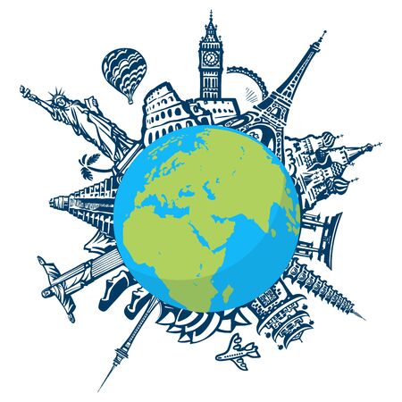Famous world landmarks located around the globe isolated on white background. Design for travel and tourism. Hand drawn vector illustration in sketch style.のイラスト素材