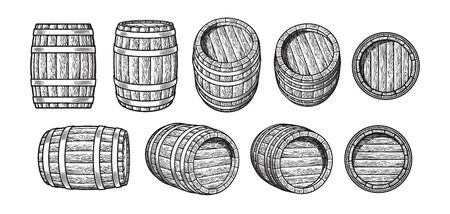 Set of old wooden barrels in different positions. Front side and three quarters views. Vintage engraving style. Hand drawn vector illustrations isolated on white background.のイラスト素材
