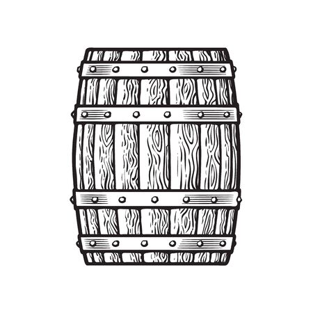 Old wooden barrel in vintage engraving style. Black and white hand drawn vector illustrations.のイラスト素材