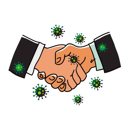 Virus spreads through handshake. Hand drawn vector illustration isolated on white background.のイラスト素材