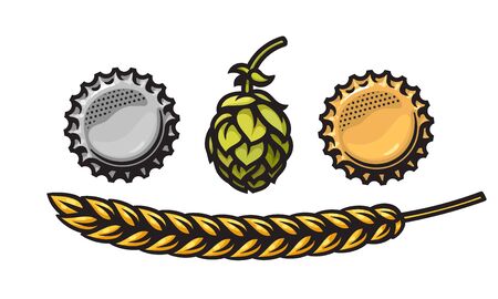 Two beer bottle caps silver and gold, hop cone and barley or wheat ear. Design element for beer prodaction, breweryのイラスト素材