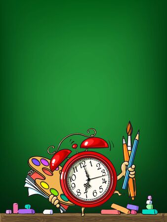 Cartoon alarm clock with school supplies on schoolboard background. Vector illustration.のイラスト素材