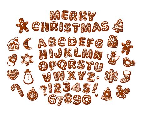 Merry Christmas text made of chocolate biscuits. Gingerbread alphabet, traditional holiday cookies on white background.のイラスト素材