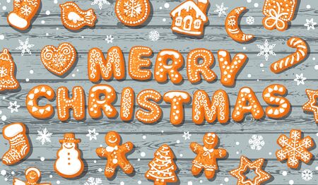 Merry Christmas greeting card. Text made of gingerbreade cookies on old wooden background. Cartoon hand drawn vector illustration.のイラスト素材