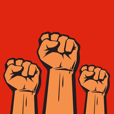 Clenched fists raised in protest. Three human hands raised in the air. Vector illustration isolated on red background.のイラスト素材