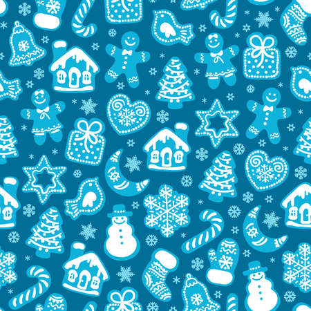 Christmas and New Year seamless pattern of traditional gingerbread cookies and snowflakes on dark blue backgroundのイラスト素材