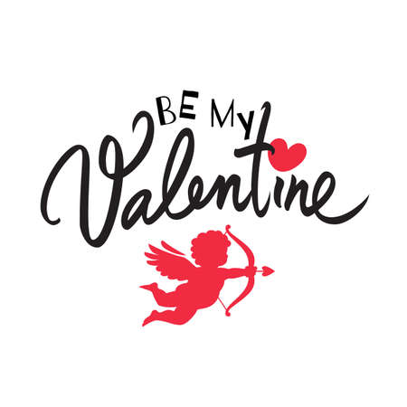 Be my Valentine text with red heart and Cupid aiming a bow and arrow. Valentines Day handwritten holidays typographyのイラスト素材