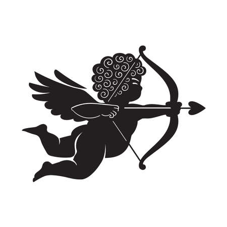 Black silhouette of Cupid aiming a bow and arrow. Valentines Day love symbol.Vector illustration isolatedのイラスト素材