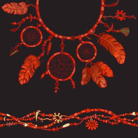 Dream catcher. Seamless border made from beads. Boho style decorationのイラスト素材