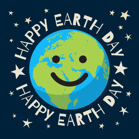 Happy Earth Day poster in retro style. Greeting text written around smiling cartoon globe. Cute funny Earth emoji.のイラスト素材